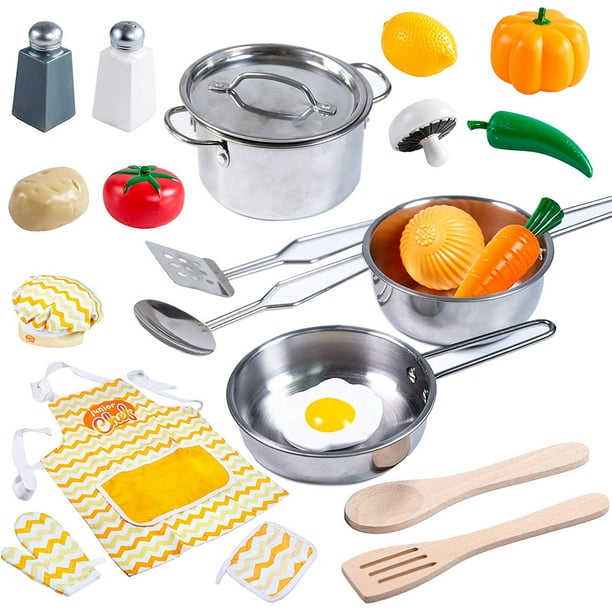 Little Chef Play Kitchen Utensils Play Dishes Multicolored Kids Kitchen Set Dishes Stainless Steel Cookware Set for Kids Play Pots and Pans Set for Kids